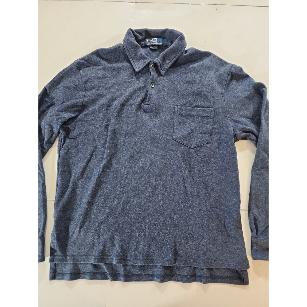 VTG Polo Ralph Lauren Long Sleeve Polo Shirt Mens L Blue Pique Pocket Cuffs 90s